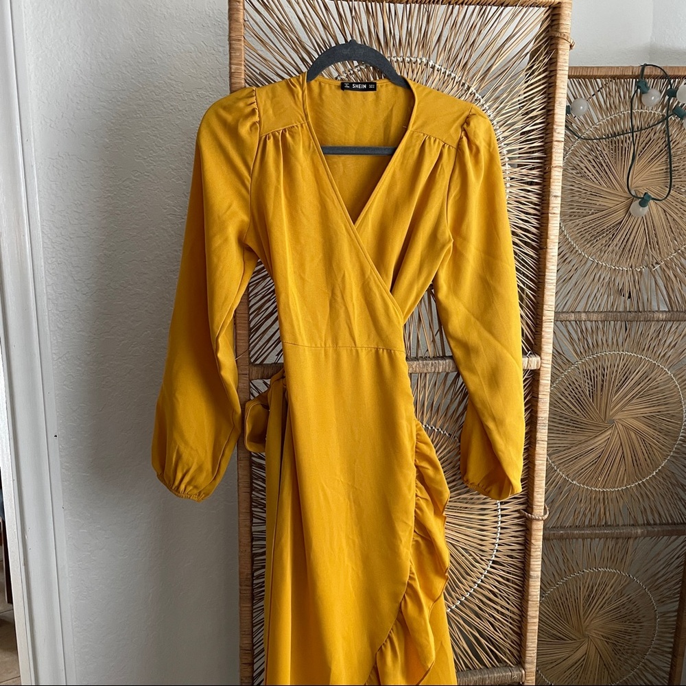 Mustard yellow wrap midi dress